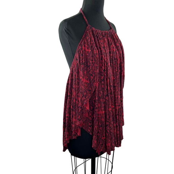 FREE PEOPLE Burgundy Blouse Viscose Asymmetric Printed Back Double Dutch S Small - Picture 3 of 8
